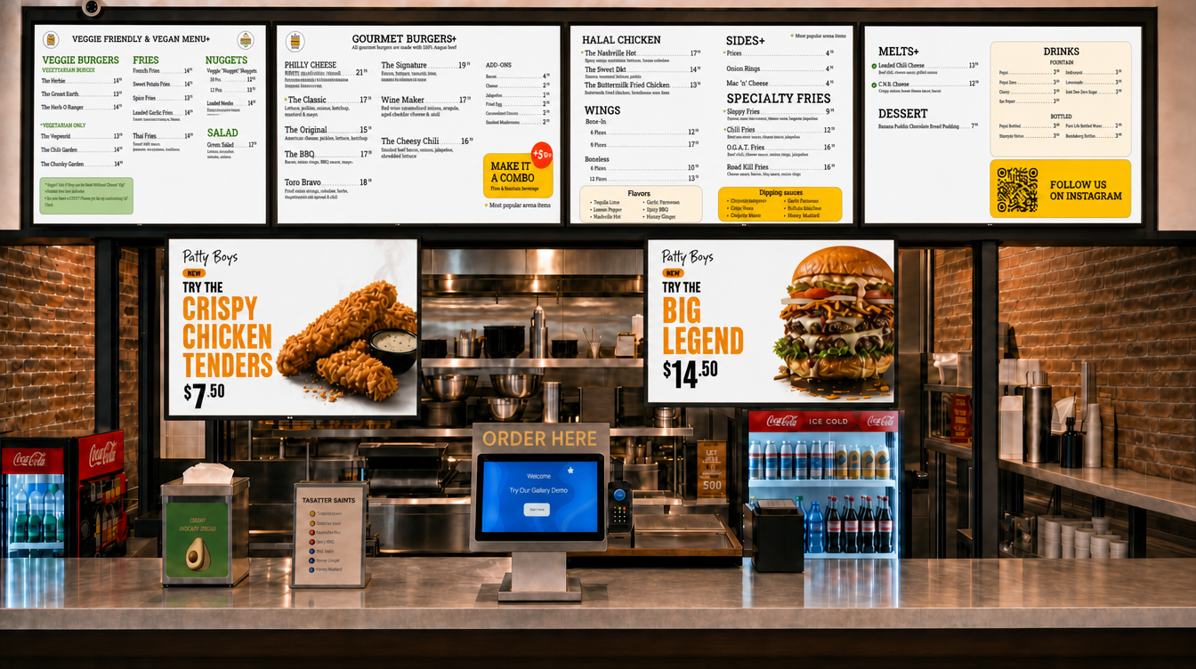 A restaurant counter with Decker menu concepts running live on the screens